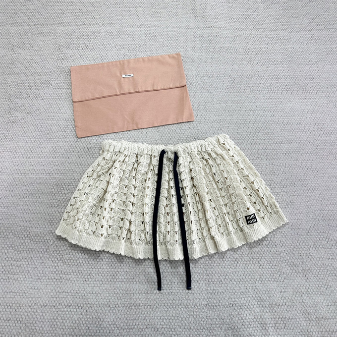 miumiu elastic drawstring waist hollow knit flare mini skirt